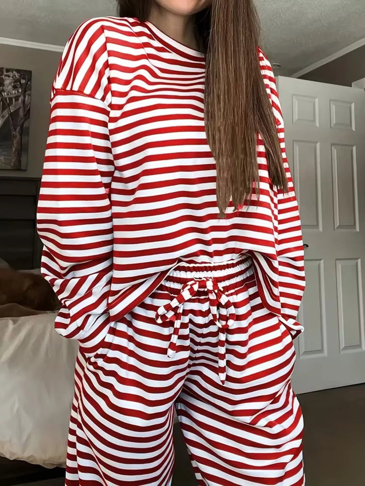 Striped Long Sleeve Top and Pants Set - Red - View 2