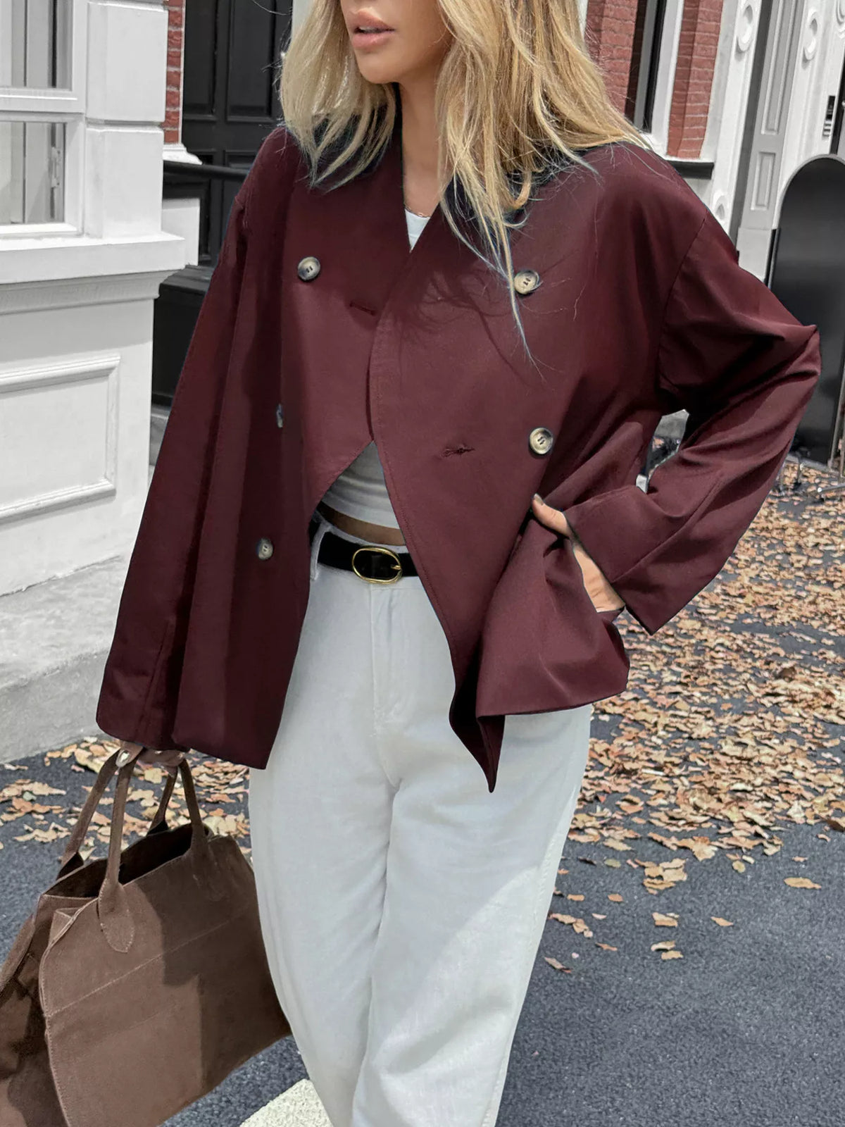 Double-Breasted Long Sleeve Jacket - Burgundy - View 8