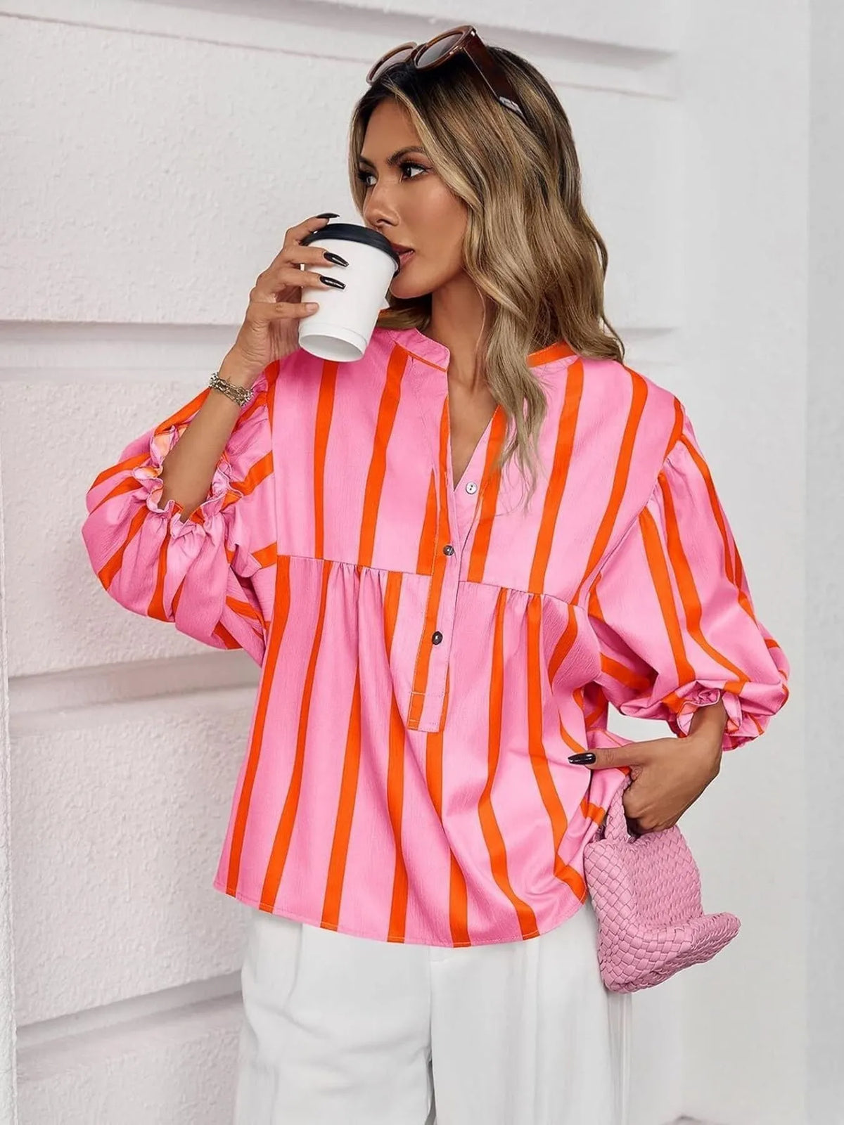 Striped Button Front Notched Blouse - Pink - View 15