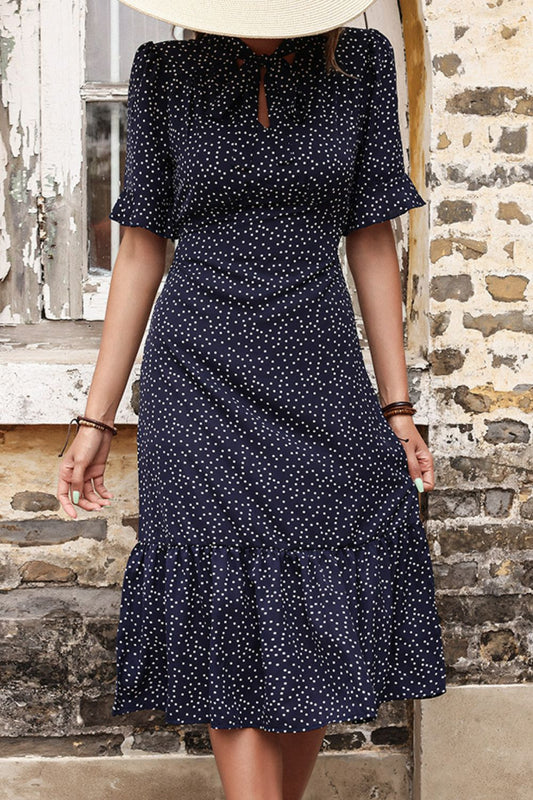 Perfee Polka Dot Tie Front Ruffled Midi Dress - Navy - View 1