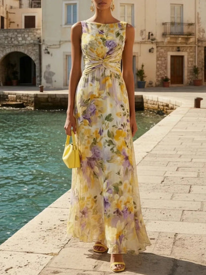 Floral Print Sleeveless Twist-Front Maxi Dress - Yellow - View 1
