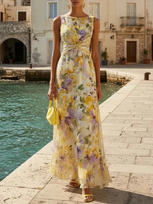 Floral Print Sleeveless Twist-Front Maxi Dress - Yellow - View 1