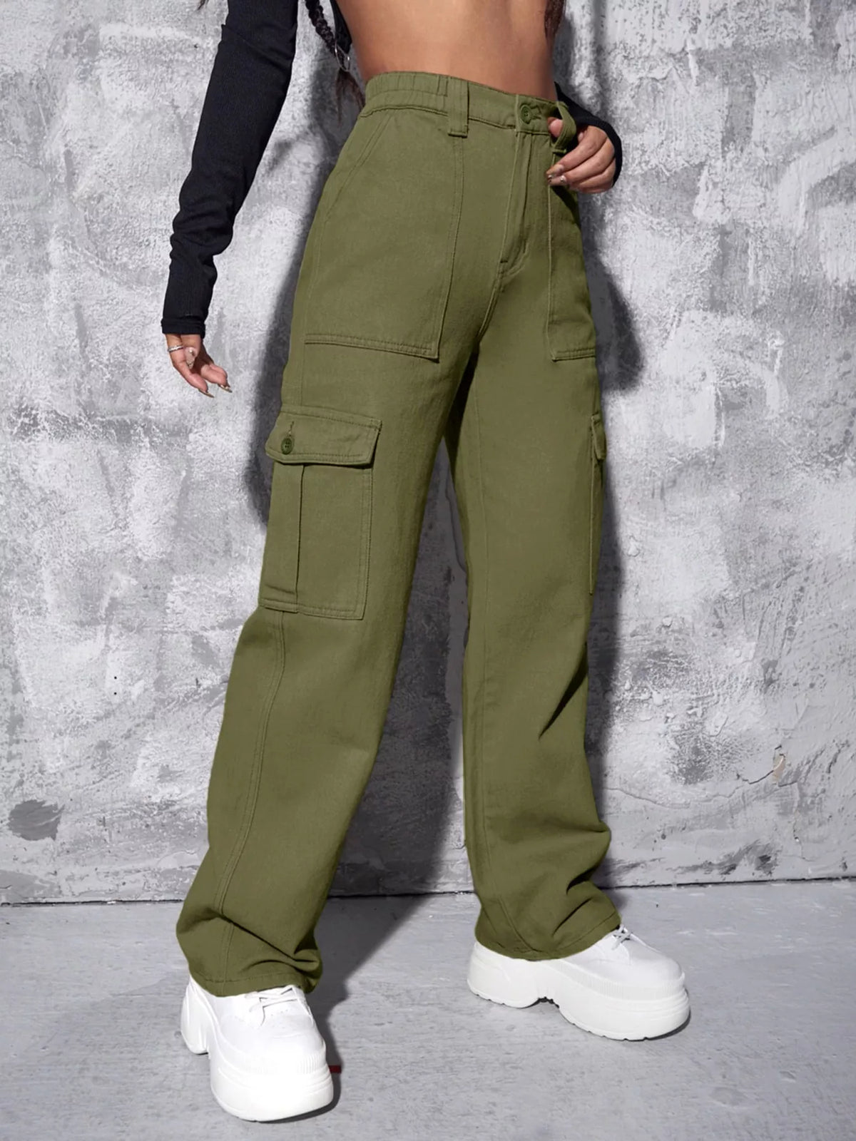 High-Waisted Cargo Jeans - Brown - View 6