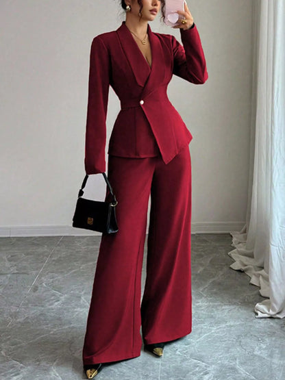 One Button Blazer and Pants Set - Red - View 1