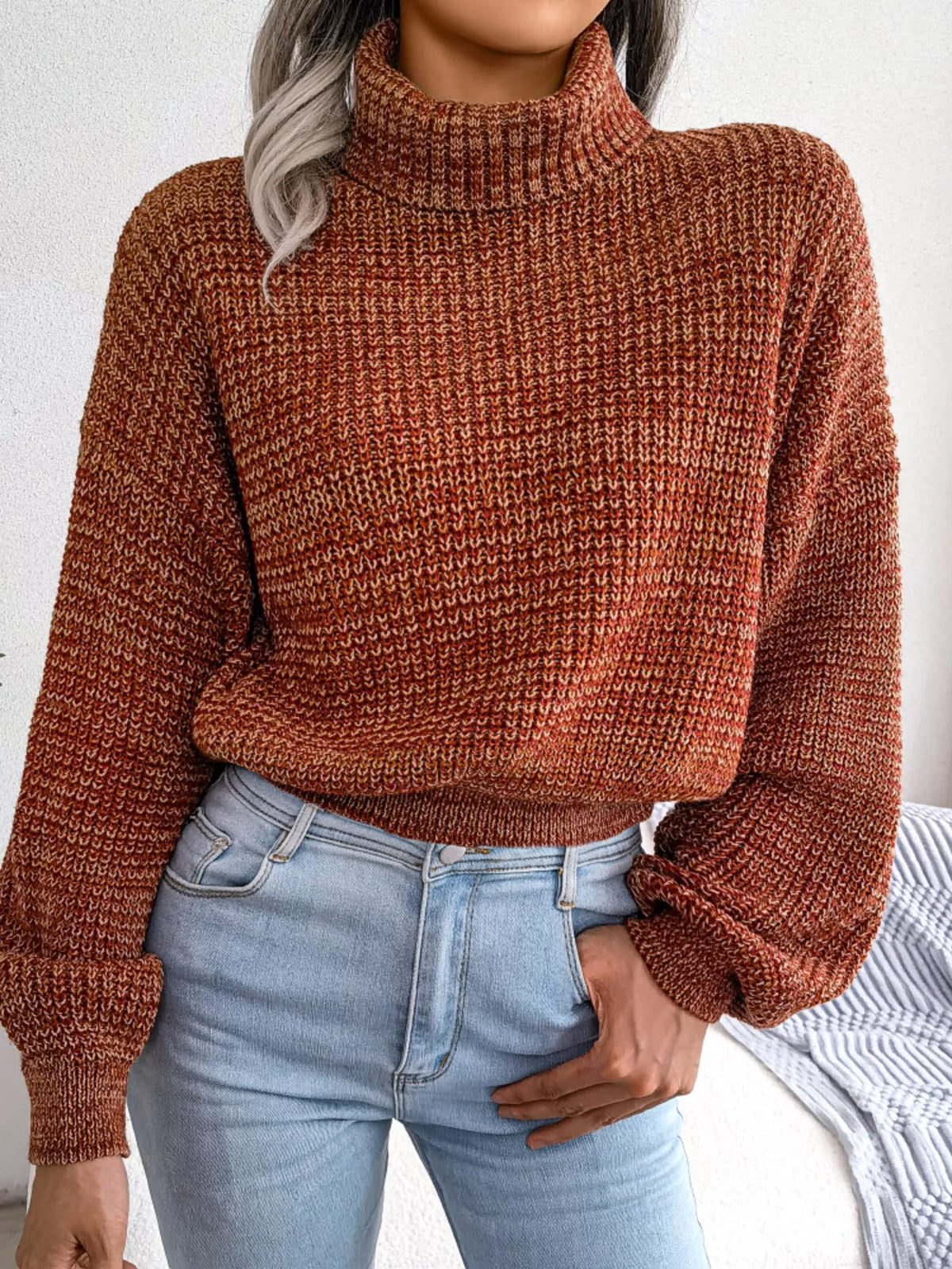 Turtleneck Dropped Shoulder Sweater - Caramel - View 3