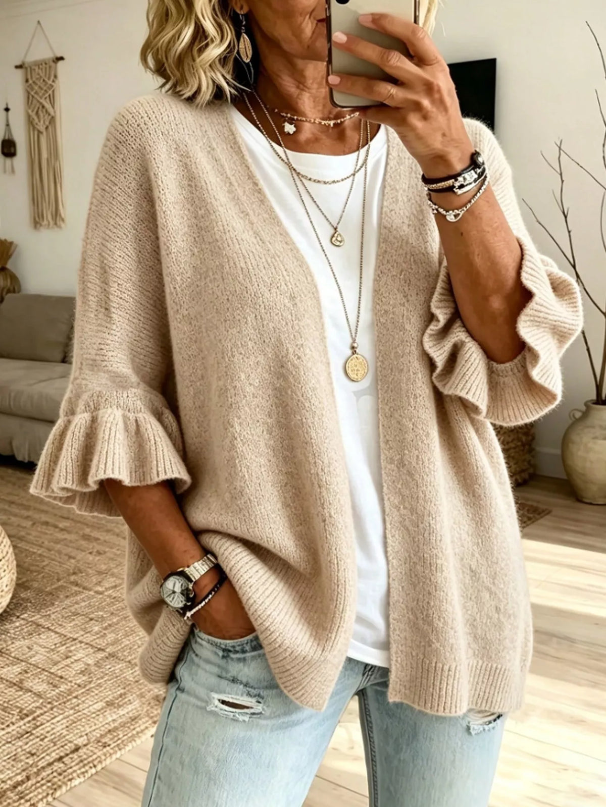 Full Size Ruffle Sleeve Open-Front Cardigan Plus Size - Cream - View 12
