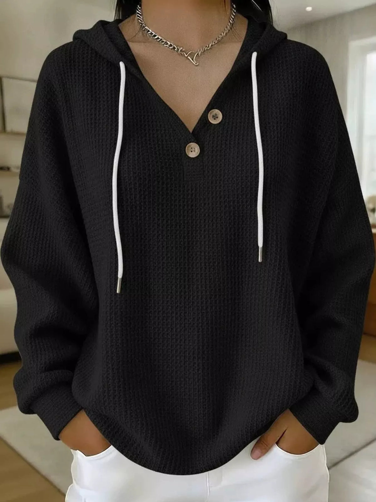 Full Size Waffle Knit Button Detail Hoodie Plus Size - Black - View 20