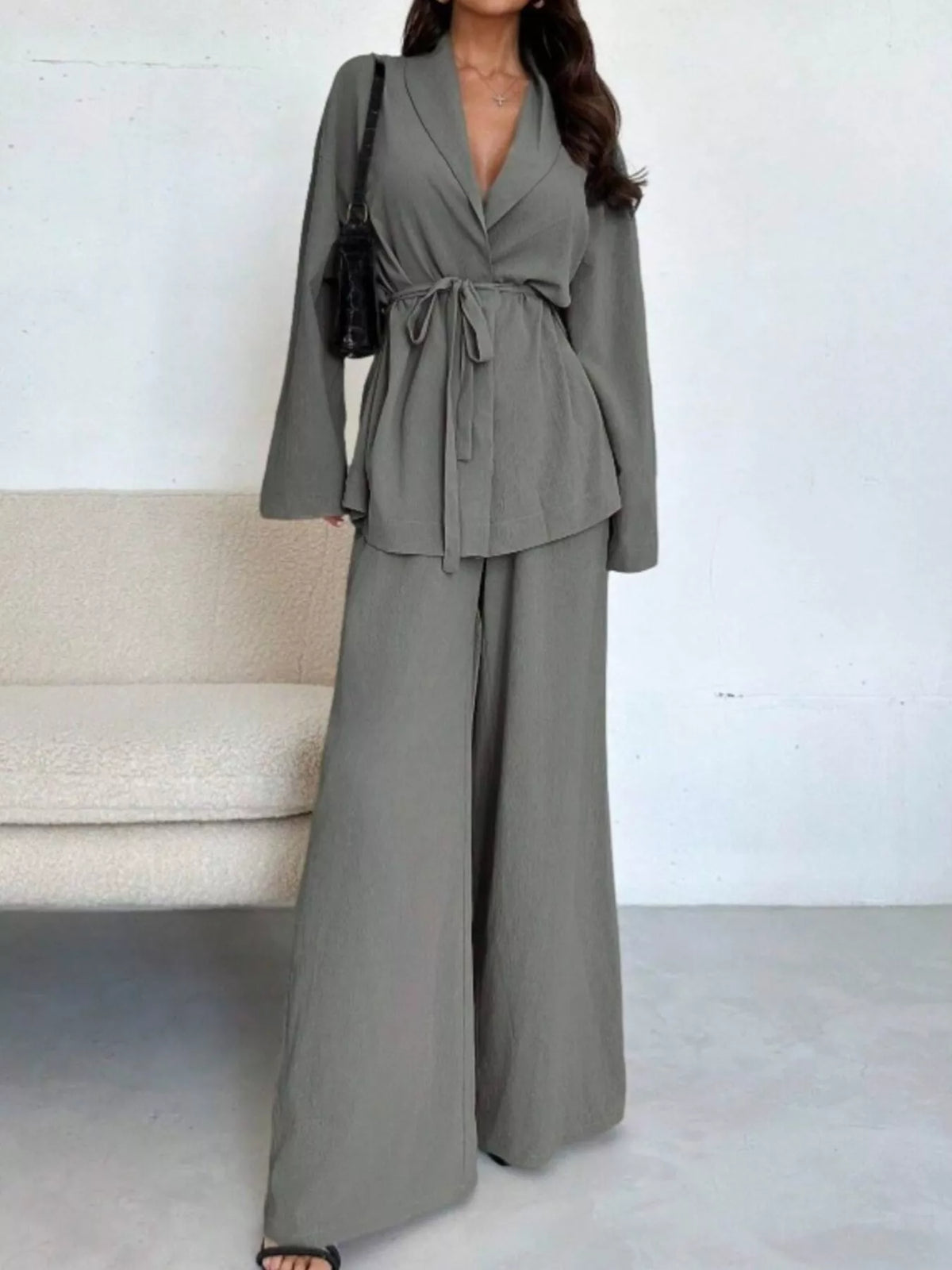 Front Tied Shirt and Wide-Leg Pants Set - Gray - View 18