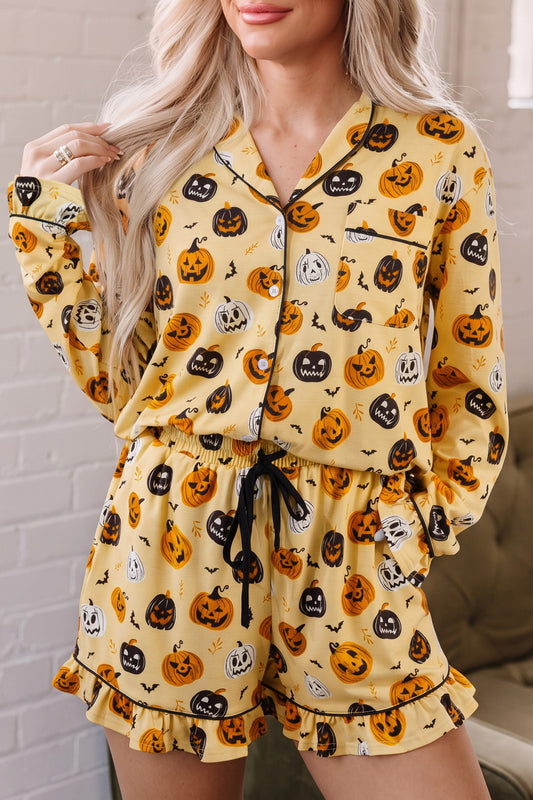 Orange Long Sleeve Ruffle Pumpkin Face Print Two Piece Lounge Set - product photo 1
