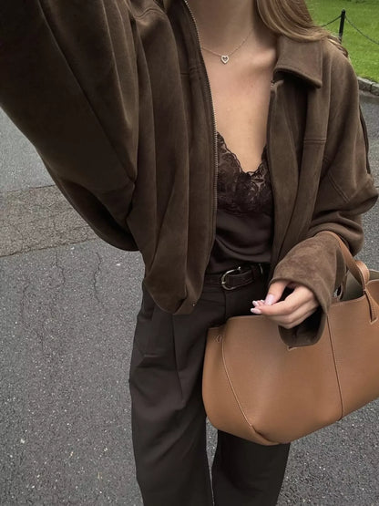 Elastic Hem Batwing Sleeve Jacket - Coffee Brown - View 6