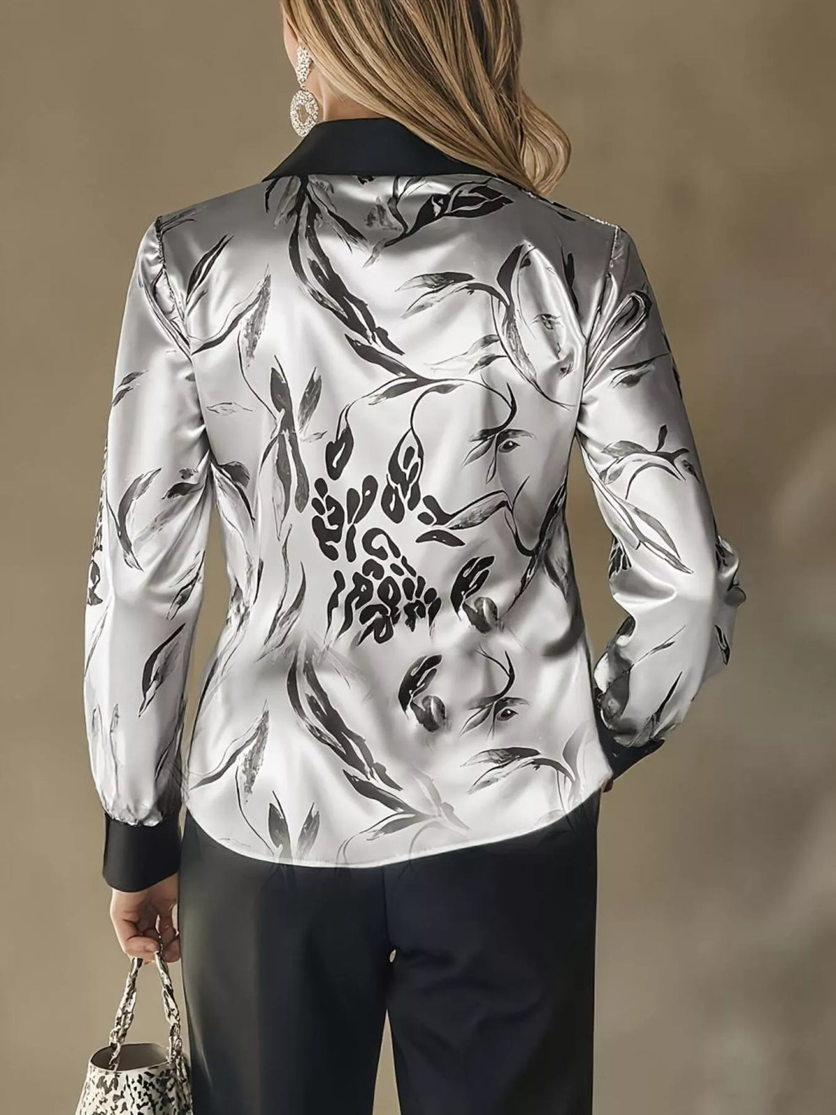 Printed Button Up Satin Shirt - Gray - View 3