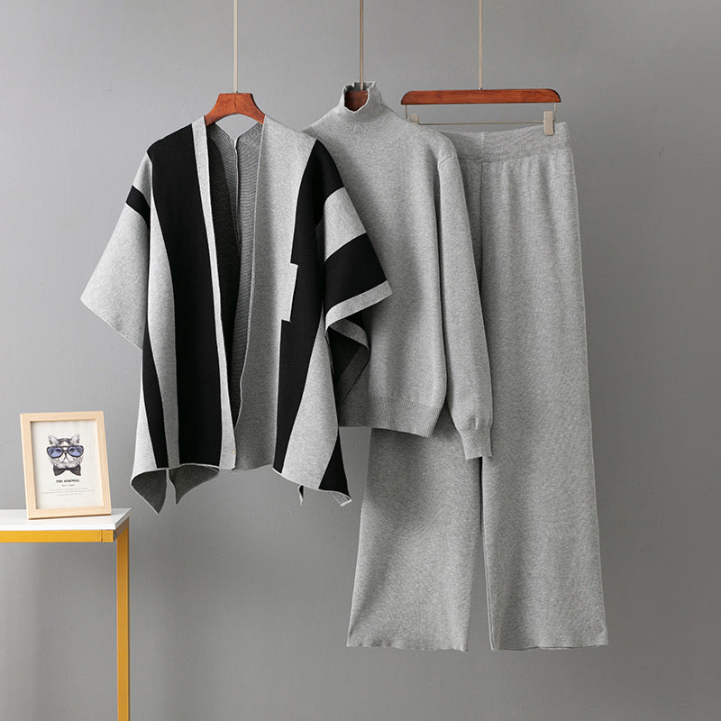 Shawl + Round Neck Sweater + Loose Wide Leg Pants Three-Piece Set for Women
