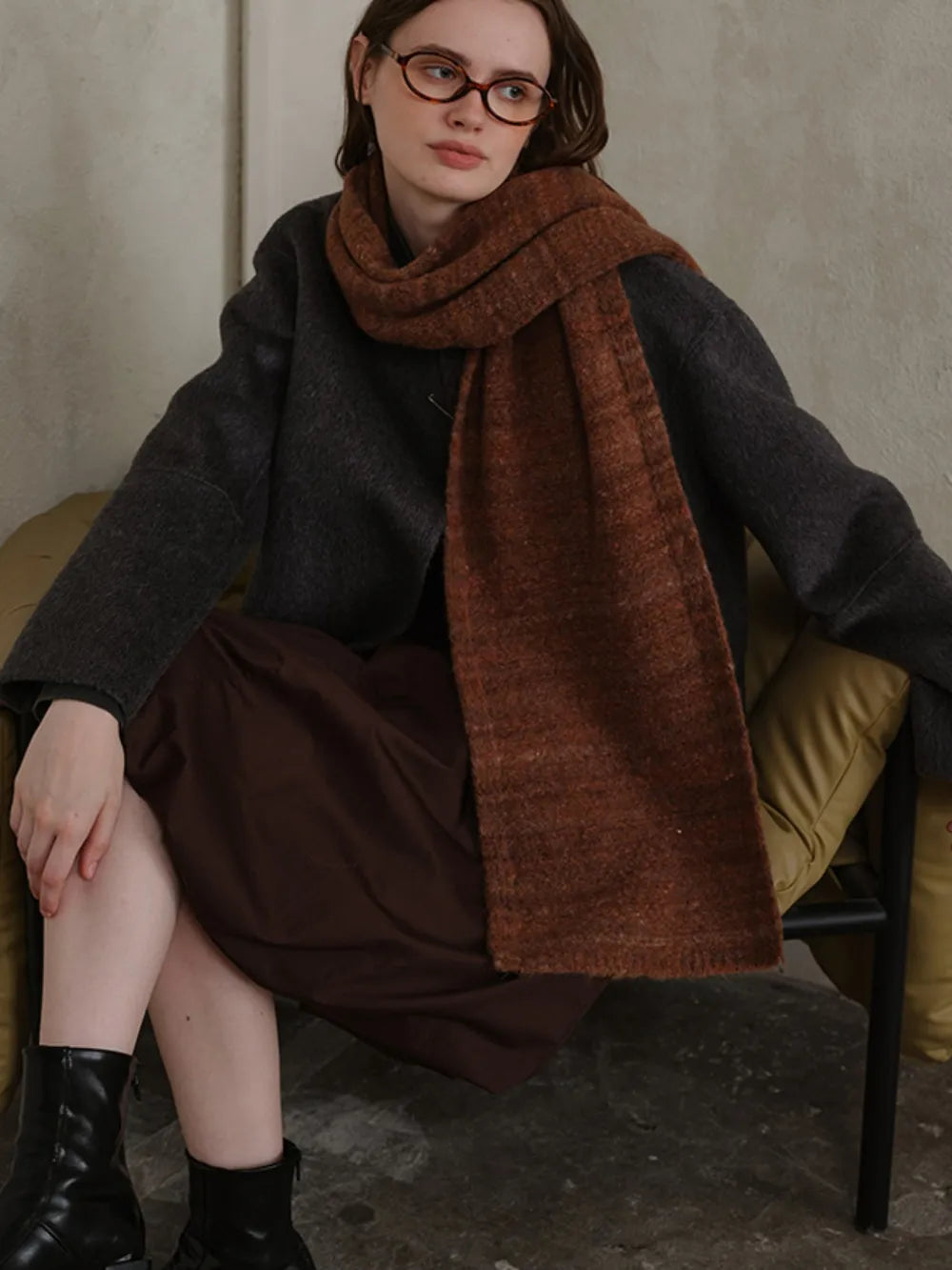 Striped Detail Knit Scarf - Dark Brown - View 9