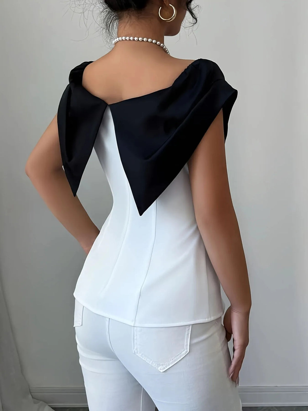 Slit Contrast Cap Sleeve Blouse - White - View 3