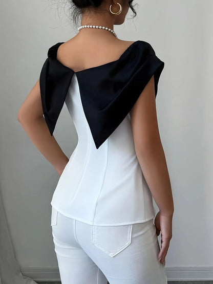 Slit Contrast Cap Sleeve Blouse - White - View 3