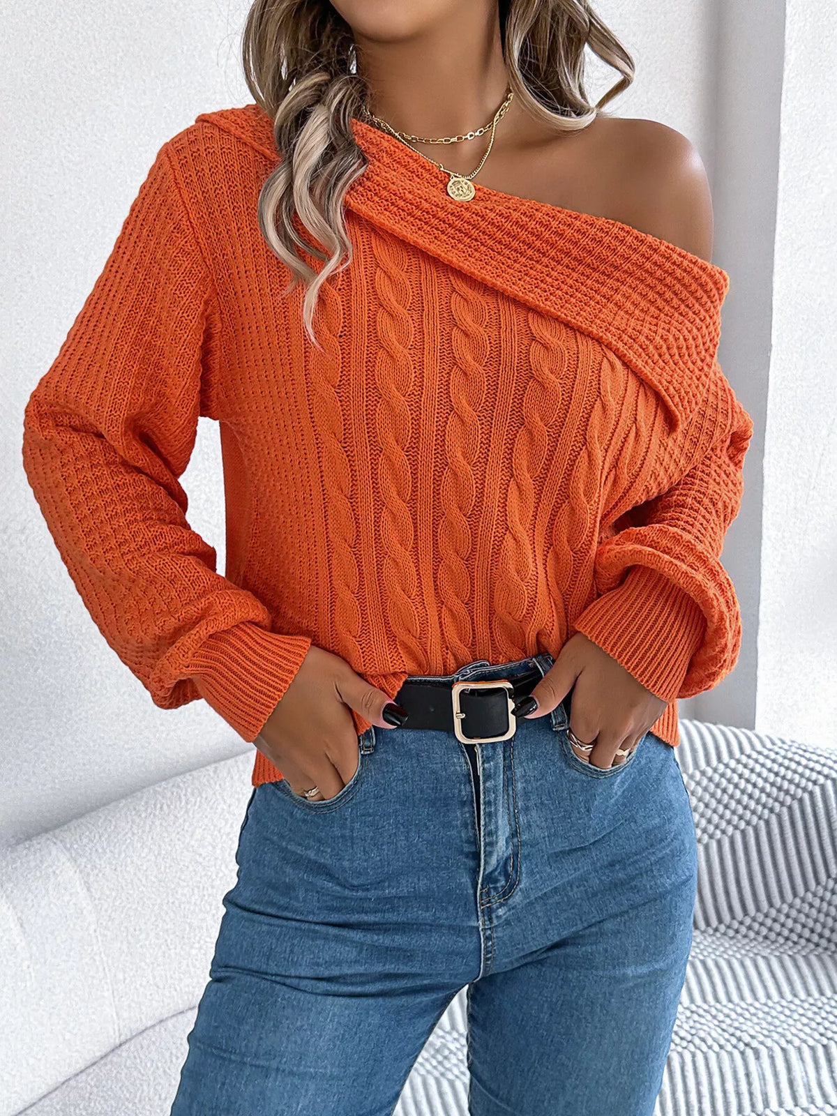 One Shoulder Cable Knit Sweater - Orange - View 5