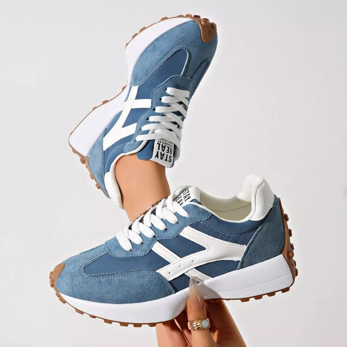 Round Toe Lace Up Sneakers - Blue - View 6