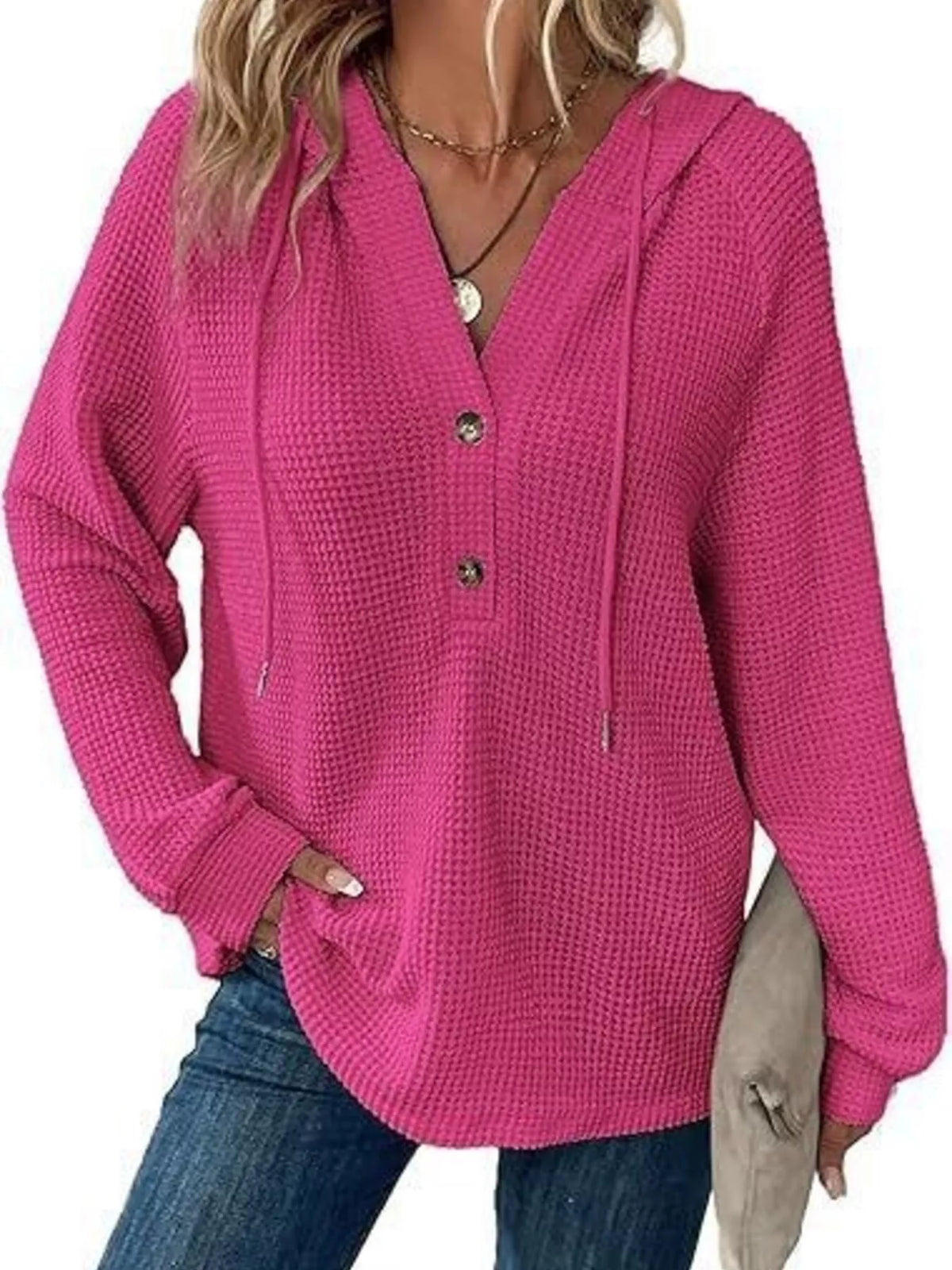 Full Size Waffle Knit Half-Button Hoodie Plus Size - Rose Red - View 11