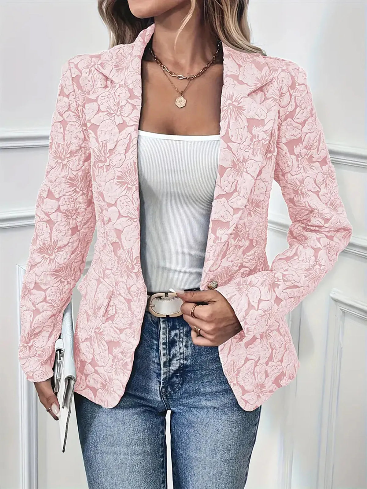 Floral Print Single Button Blazer with Pockets - Pink - View 3