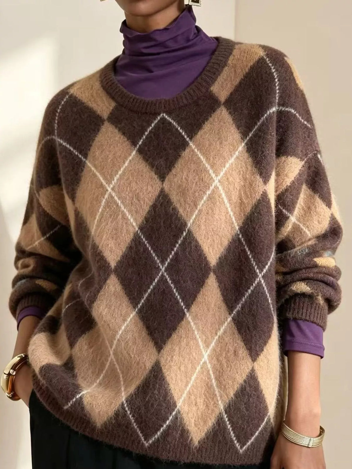 Argyle Pattern Fuzzy Knit Sweater - Brown - View 7