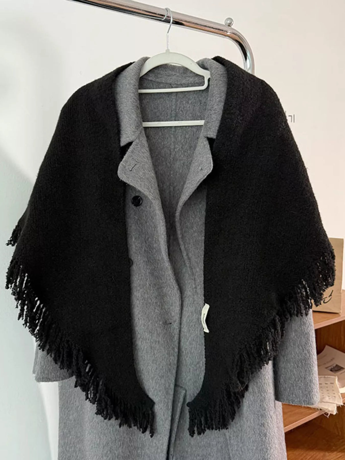 Fringe Trim Knit Scarf - Black - View 2