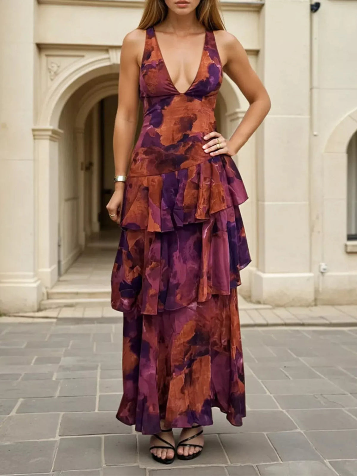 Floral V-Neck Ruffle Layered Maxi Dress - Deep Purple - View 1