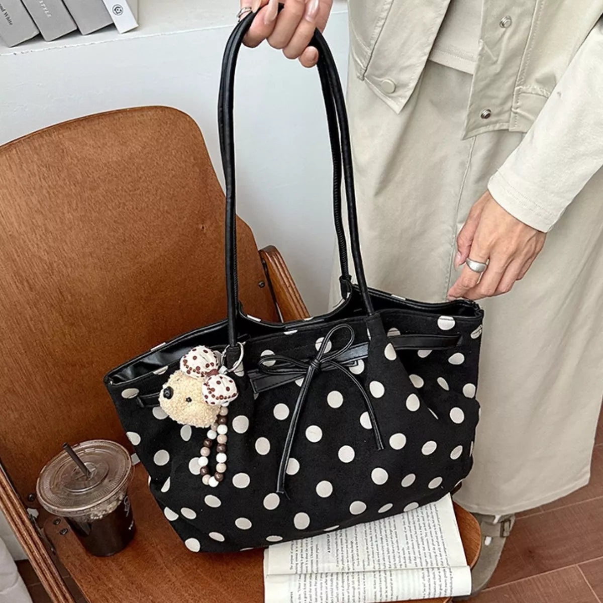 Polka Dot Shoulder Bag - Black - View 3