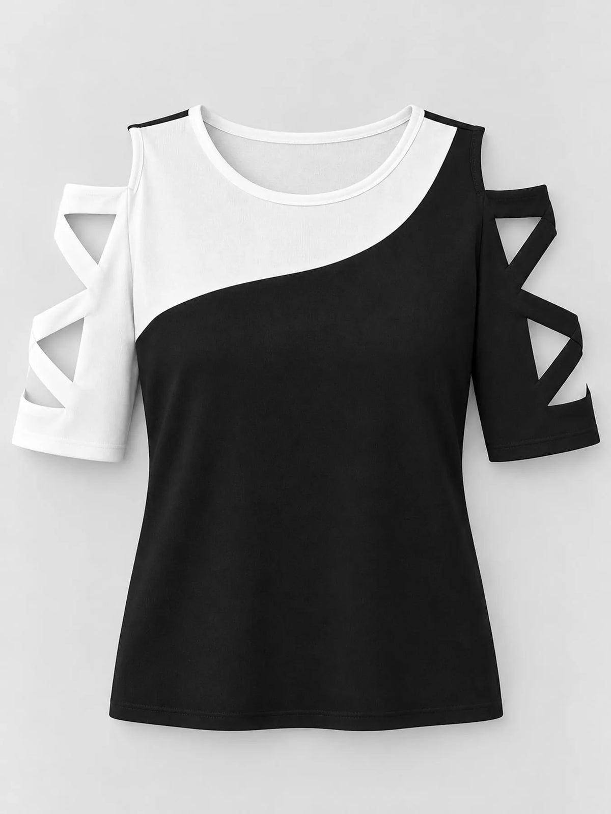 Plus Size Color Block Cutout Sleeve T-Shirt - Black And White - View 4
