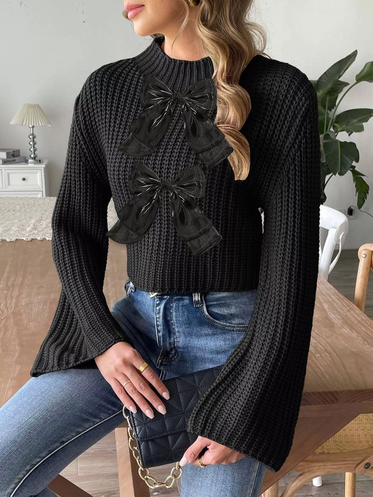 Bow-Decorated Mock Neck Cropped Sweater - Black - View 2