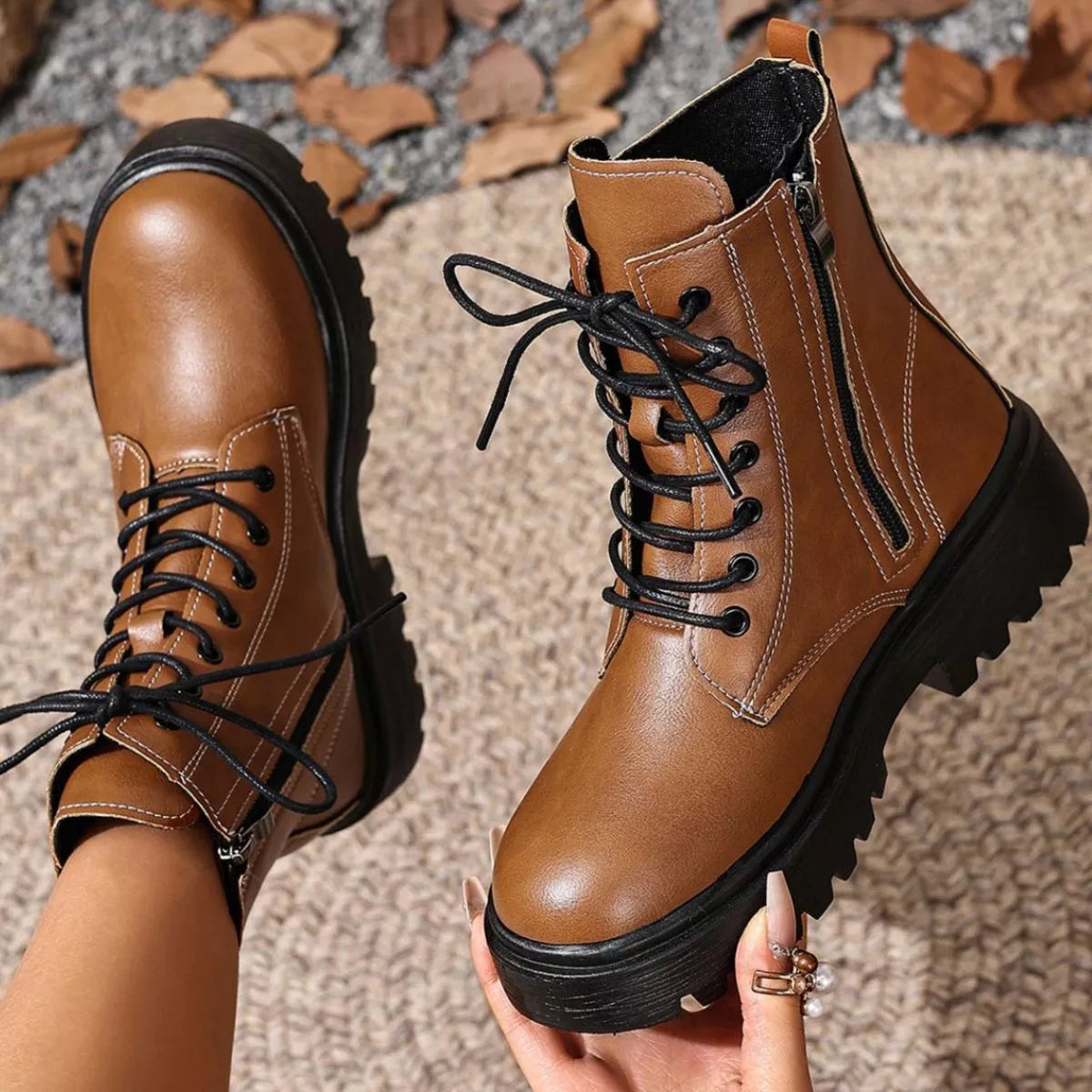 Round Toe Block Heels Boots - Brown - View 2