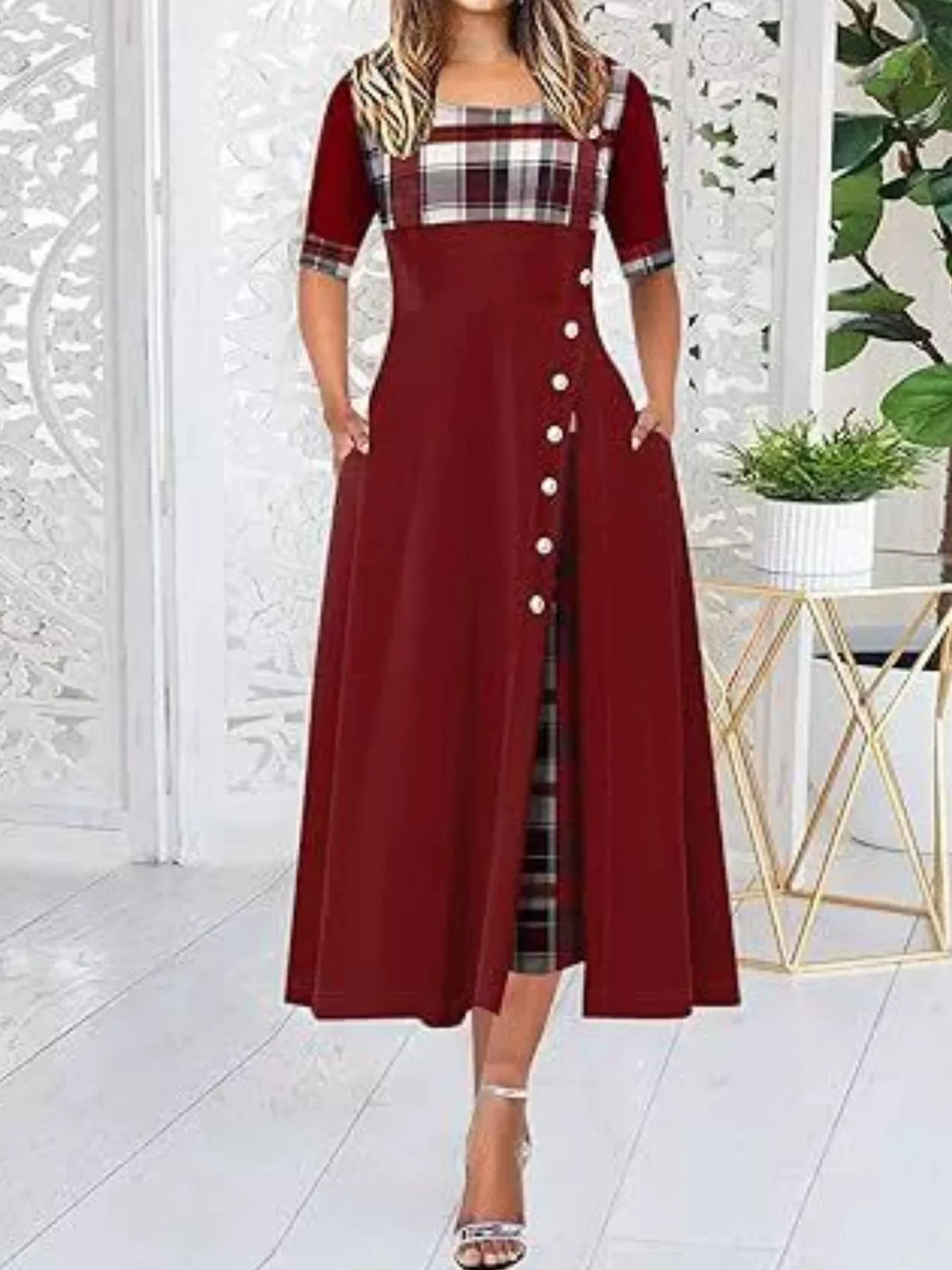 Full Size Plaid Half Sleeve Midi Dress Plus Size