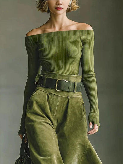 Off-Shoulder Ribbed Knit Top and Skirt Set - Moss - View 2