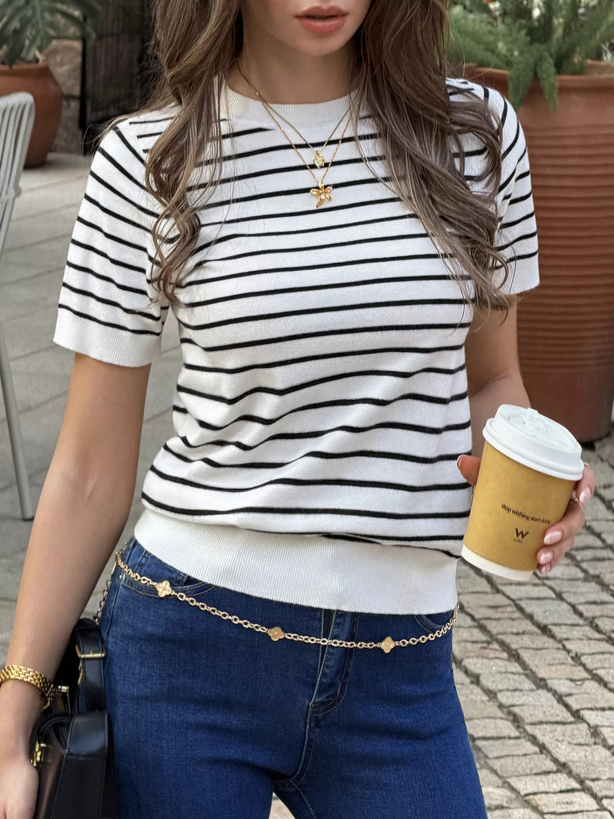 Striped Short-Sleeve Knit Top - Black - View 1