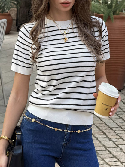 Striped Short-Sleeve Knit Top - Black - View 1