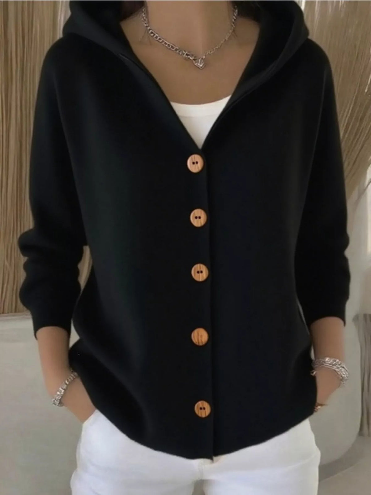 Full Size Hooded Button-Down Knit Cardigan Plus Size - Black - View 42