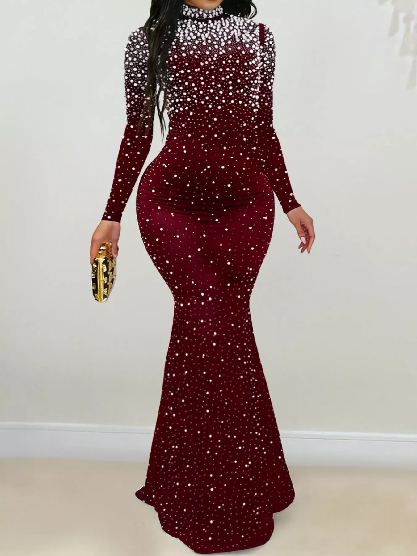 Rhinestone Long Sleeve Mermaid Maxi Dress - Burgundy - Styled Front View