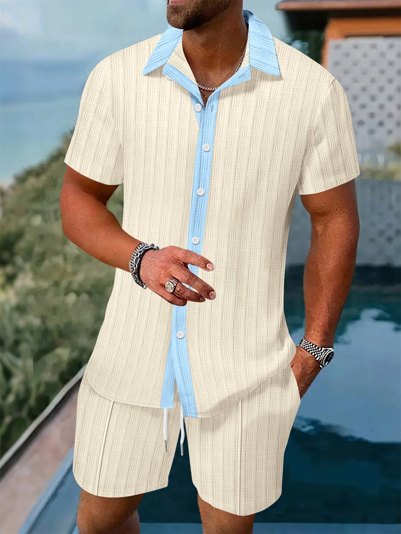 Color blocked shirt casual short sleeved shorts beach set