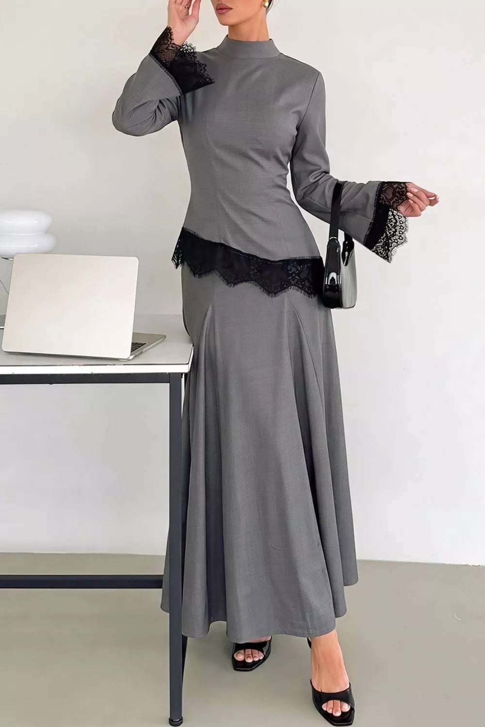Lace Detail Mock Neck Top and Skirt Set - Dark Gray - View 3