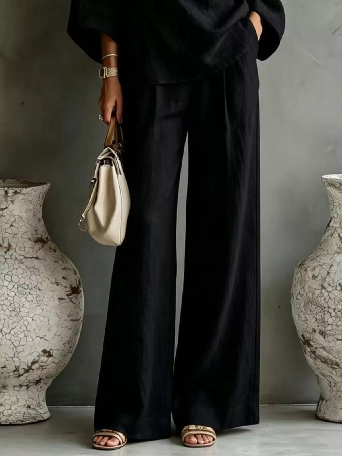 One Shoulder Top and Wide Leg Pants Set - Black - View 3