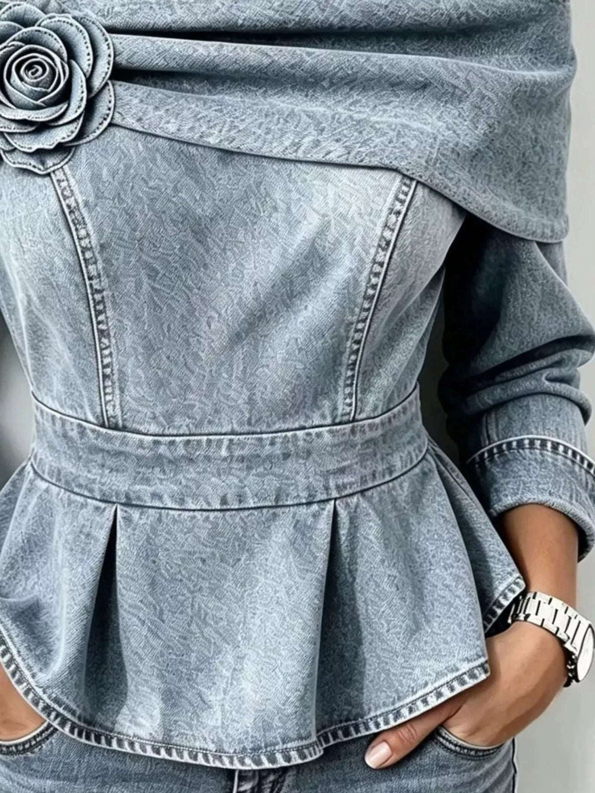Full Size Off-Shoulder Floral Denim Look Top Plus Size - Light Gray - View 3