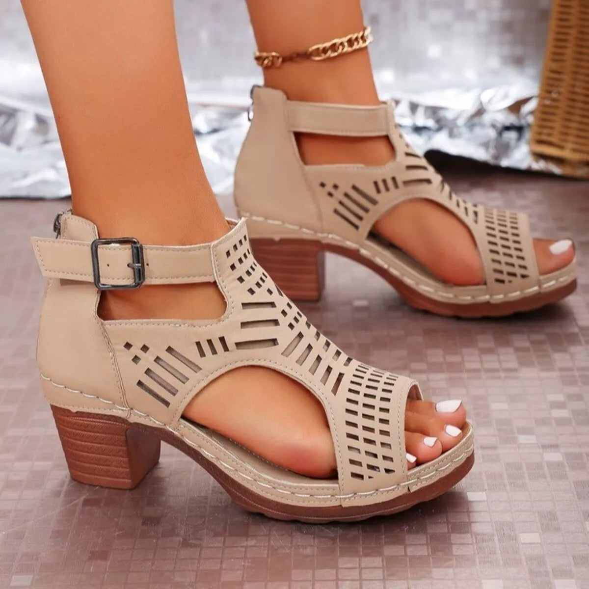 Open Toe Block Heels Sandals - Beige - View 5