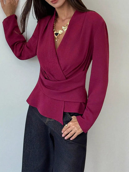 Wrap-Front Long Sleeve Blouse - Cerise - View 5