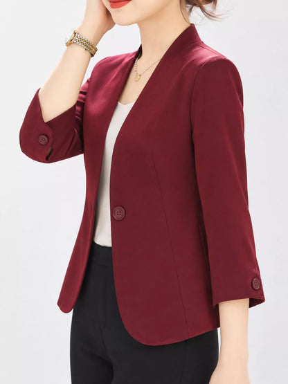 Plus Size Three-Quarter Sleeve One Button Blazer - Burgundy - View 4