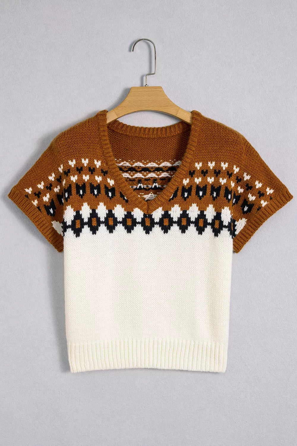 V Neck Short Sleeve Geometric Sweater - Brown - View 7