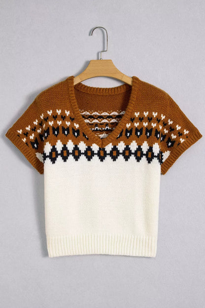 V Neck Short Sleeve Geometric Sweater - Brown - View 7