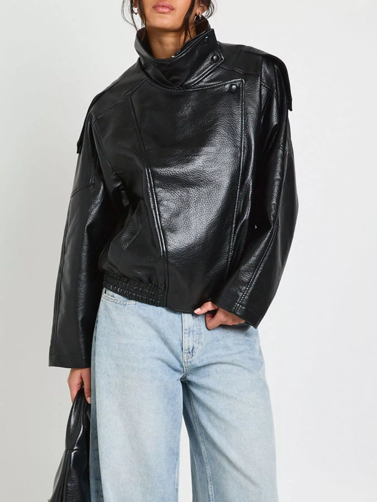 Faux Leather Moto Jacket with Asymmetrical Zip - Black - View 3