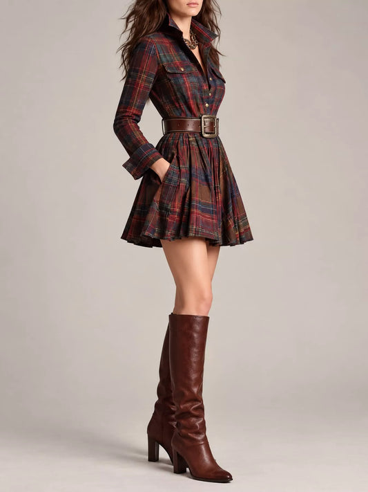 Plaid Long-Sleeve Shirt Dress - Red Brown (with Belt) - View 2