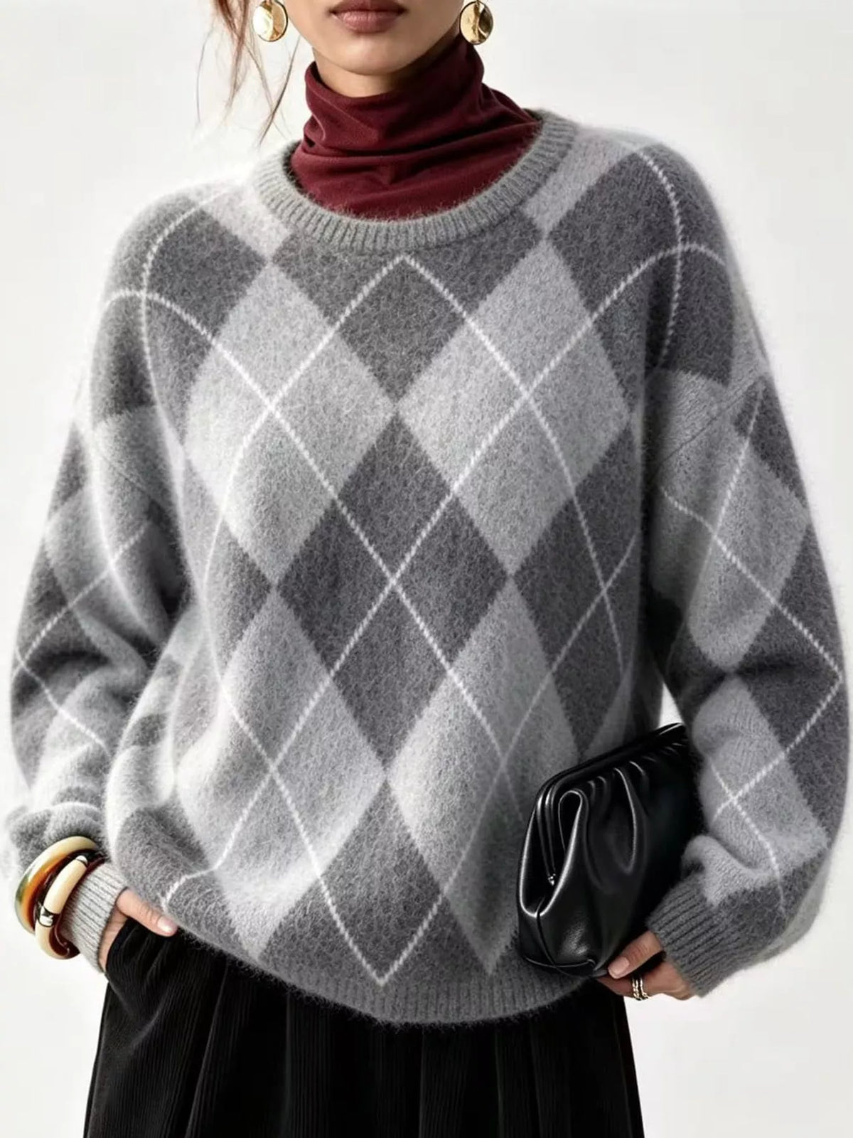 Argyle Pattern Fuzzy Knit Sweater - Gray - View 19