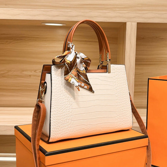 Crocodile Embossed Top Handle Handbag with Scarf - product photo 1