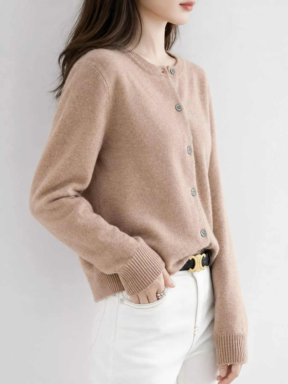 Crew-Neck Button-Down Cardigan - Golden Camel - View 27
